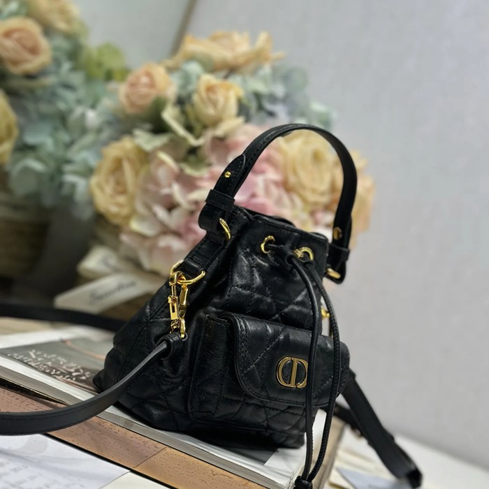DIOR 5250 ラムレザー グレンチェック、レター ブラック、ゴールド、ベージュ 斜め掛けバッグ、バケツバッグ 新作 ヴィンテージ 15.0x14.0x7.0cm サイズ:15x14cm