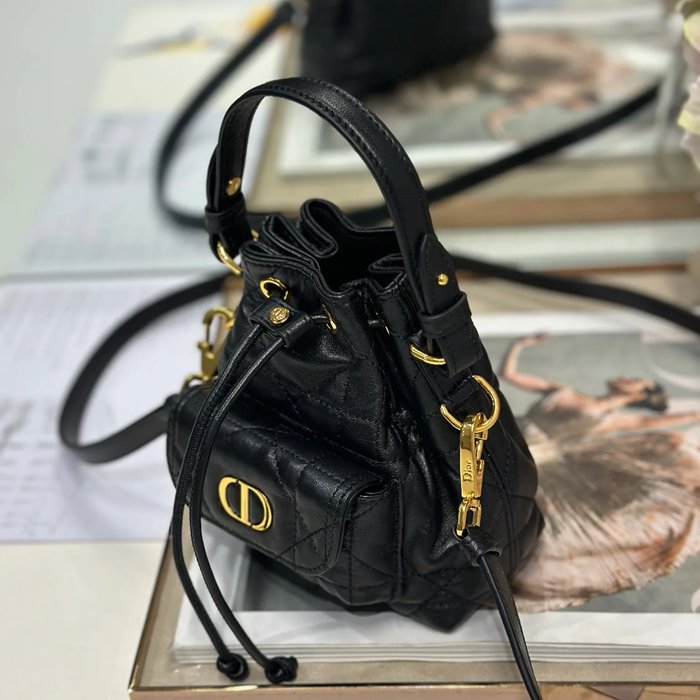 DIOR 5250 ラムレザー グレンチェック、レター ブラック、ゴールド、ベージュ 斜め掛けバッグ、バケツバッグ 新作 ヴィンテージ 15.0x14.0x7.0cm サイズ:15x14cm