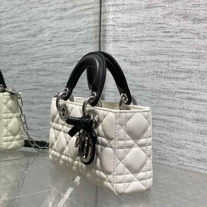 DIOR ラムレザー リボン ブラック、ホワイト、シルバー 斜め掛けバッグ、ショルダーバッグ 小 ミニ 19.0x10.5x5.5cm サイズ:19x10.5x5.5cm