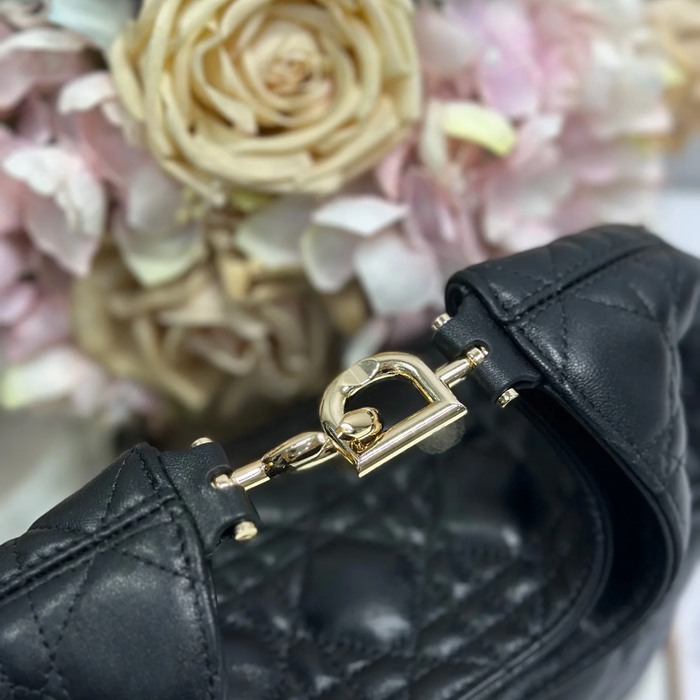 DIOR 1538 ラムレザー レター、フラワー、プリーツ ブラック ハンドバッグ、ハンドバッグ 新作 27.0x24.0x9.0cm サイズ:27x24cm