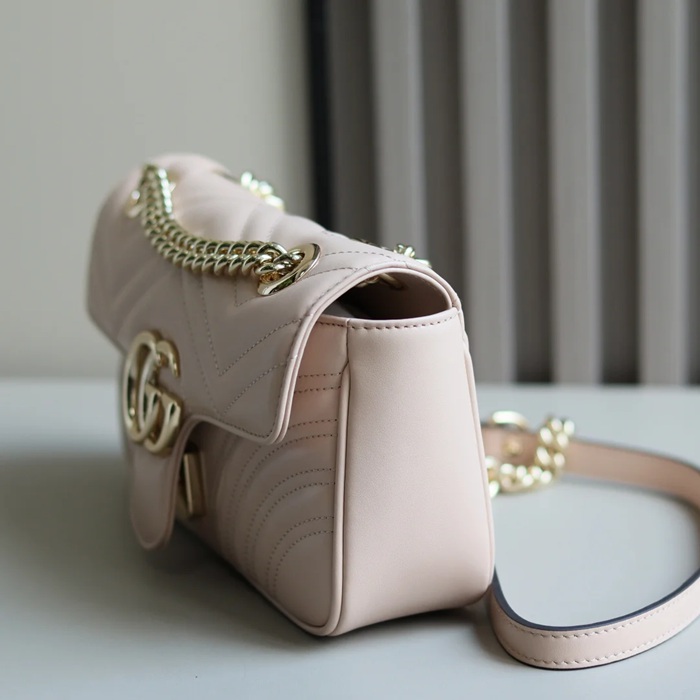 GUCCI 446744 レザー ピンク、ベージュ、ゴールド 斜め掛けバッグ、ショルダーバッグ、ハンドバッグ、財布、ハンドバッグ GG、マルモント、新作 22cm サイズ:23x14x6cm