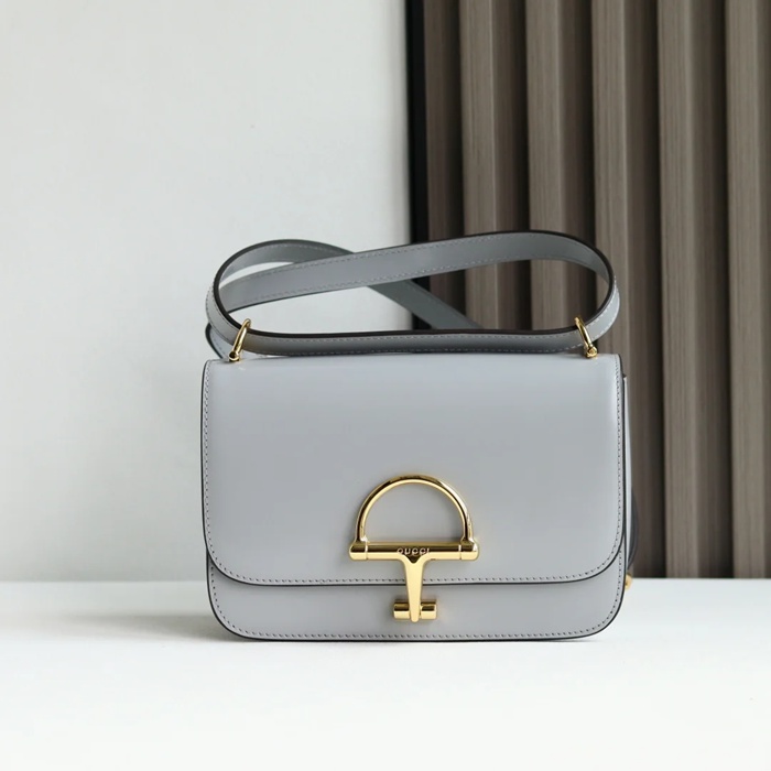 GUCCI 846705 レザー グレー、ゴールド ショルダーバッグ 馬銜、クラシック 22cm サイズ:22.5x14x8cm