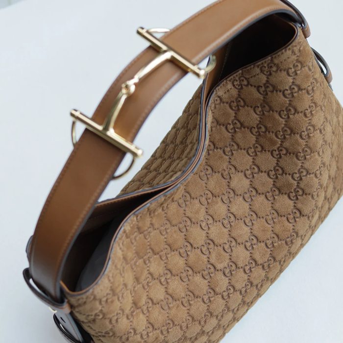 GUCCI 850926 カーフレザー、レザー ブラウン、ゴールド ショルダーバッグ、ハンドバッグ 馬銜 275x35x11cm サイズ:275x35x11cm