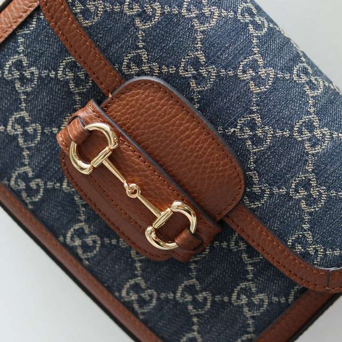 GUCCI 658574 レザー デニム 斜め掛けバッグ、ハンドバッグ GG、馬銜 20cm サイズ:20.5x14x5cm