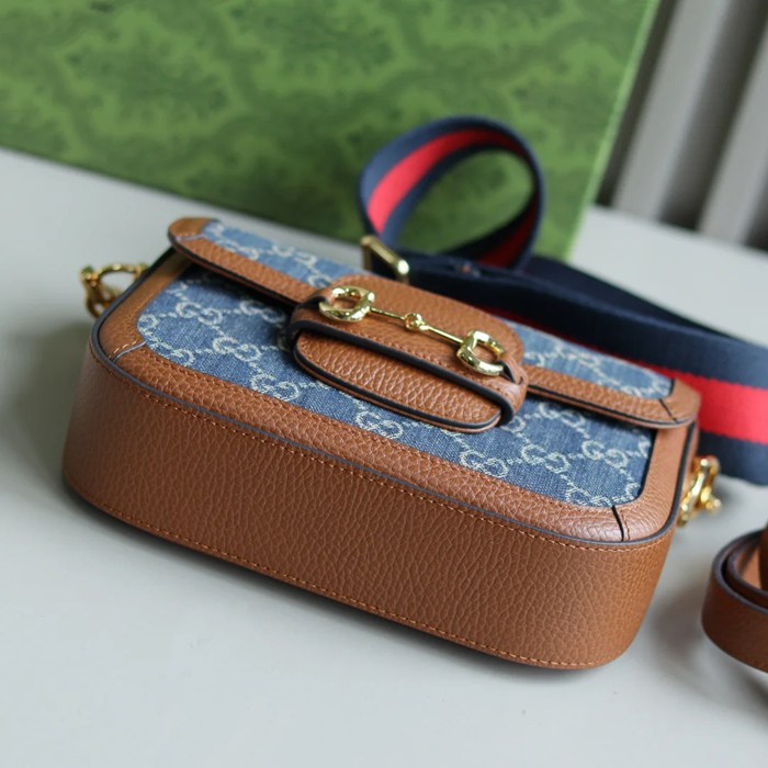 GUCCI 658574 レザー デニム 斜め掛けバッグ、ハンドバッグ GG、馬銜 20cm サイズ:20.5x14x5cm