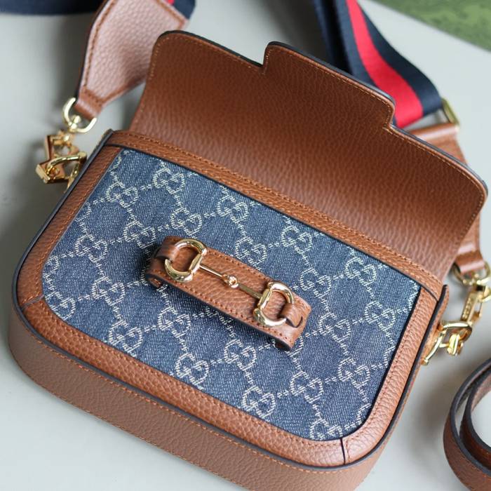 GUCCI 658574 レザー デニム 斜め掛けバッグ、ハンドバッグ GG、馬銜 20cm サイズ:20.5x14x5cm