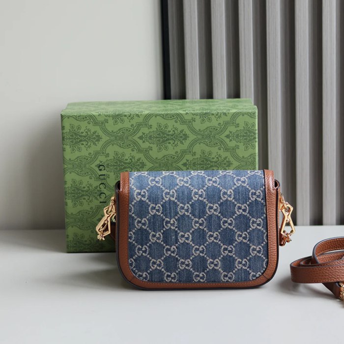 GUCCI 658574 レザー デニム 斜め掛けバッグ、ハンドバッグ GG、馬銜 20cm サイズ:20.5x14x5cm