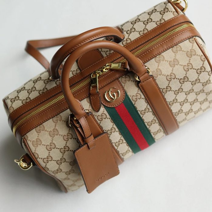 GUCCI 857595 カーフレザー、キャンバス ブラウン 斜め掛けバッグ、ショルダーバッグ、ハンドバッグ、化粧ポーチ、円筒バッグ、ハンドバッグ バニティ、クラシック 30x20x16cm サイズ:30x20x16cm