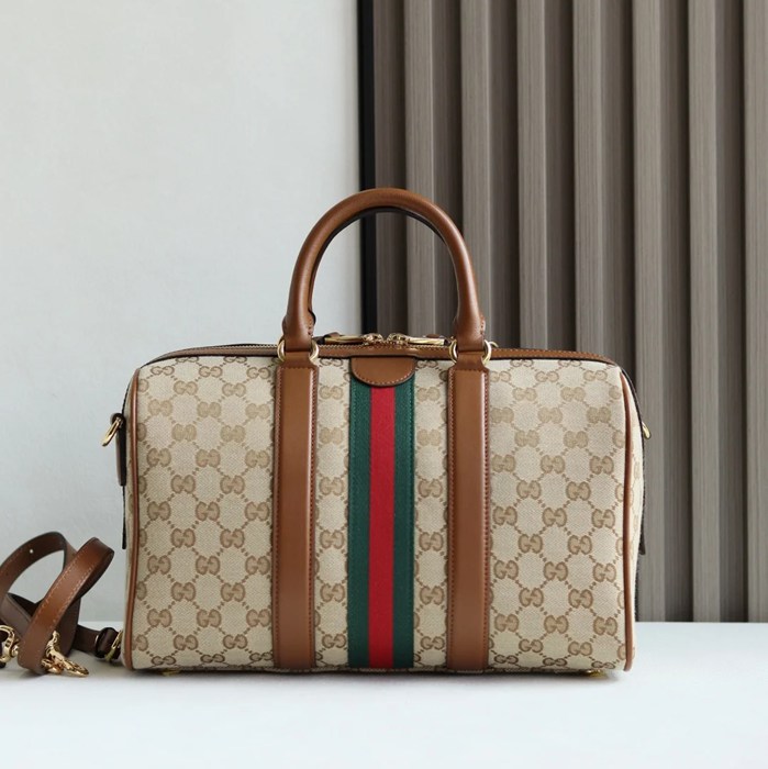 GUCCI 857595 カーフレザー、キャンバス ブラウン 斜め掛けバッグ、ショルダーバッグ、ハンドバッグ、化粧ポーチ、円筒バッグ、ハンドバッグ バニティ、クラシック 30x20x16cm サイズ:30x20x16cm