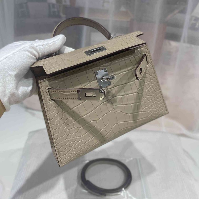 HERMES ケリー ワニ革 グレー ショルダーバッグ 高品質 19cm Kelly サイズ:19cm