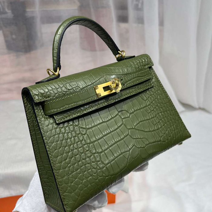 HERMES ケリー ワニ革 グリーン ショルダーバッグ 高品質 19cm Kelly サイズ:19cm