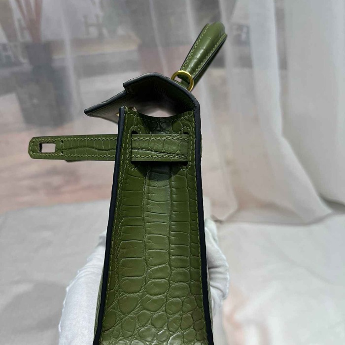 HERMES ケリー ワニ革 グリーン ショルダーバッグ 高品質 19cm Kelly サイズ:19cm