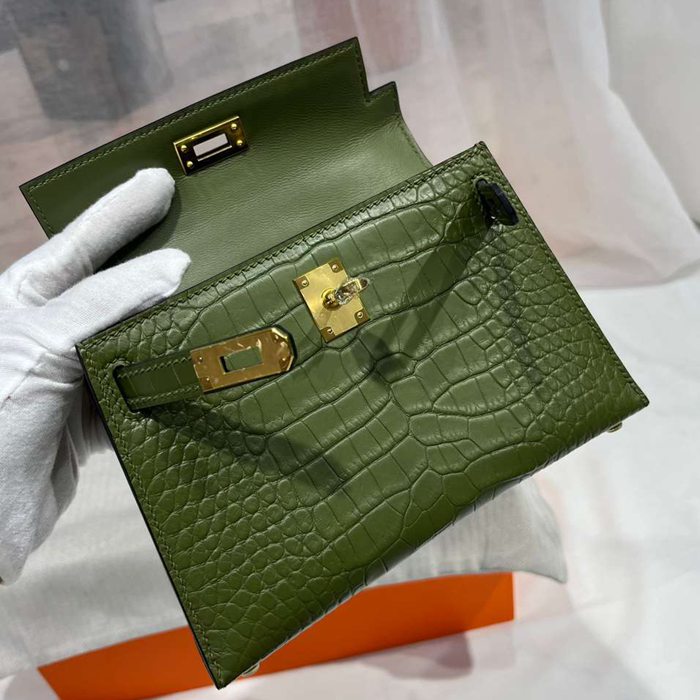 HERMES ケリー ワニ革 グリーン ショルダーバッグ 高品質 19cm Kelly サイズ:19cm