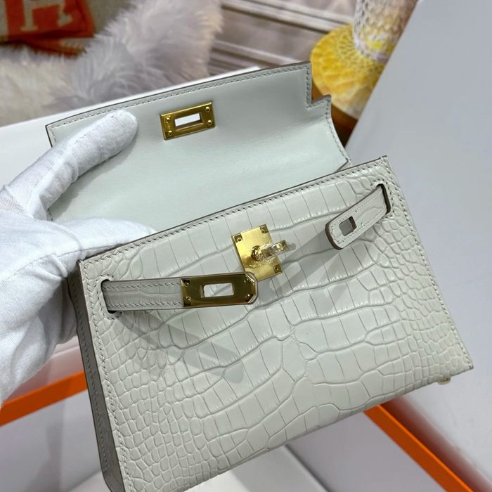 HERMES ケリー 19cm ワニ革 ホワイト ショルダーバッグ 高品質 19cm Kelly 19cm サイズ:19cm