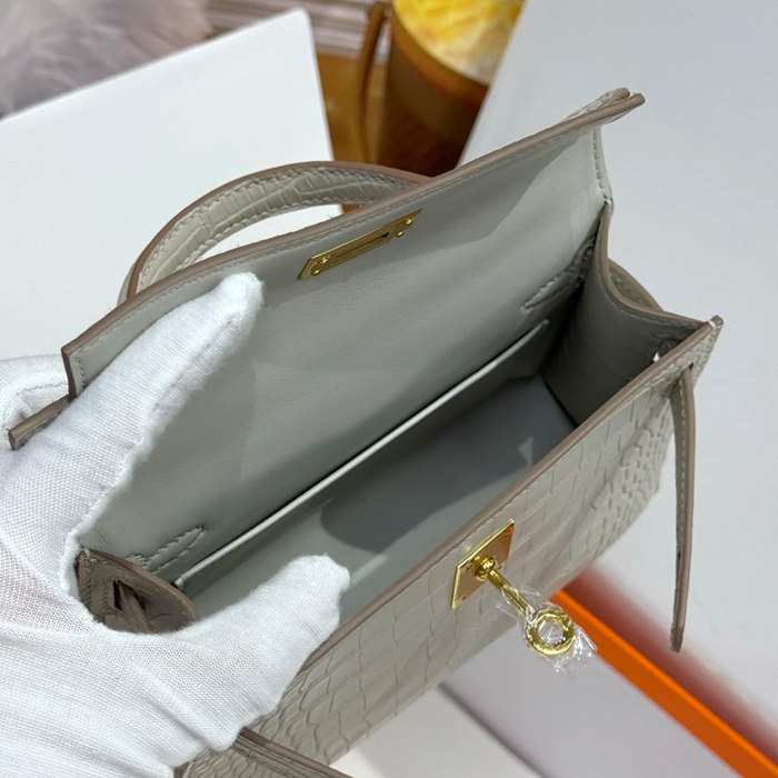 HERMES ケリー 19cm ワニ革 ホワイト ショルダーバッグ 高品質 19cm Kelly 19cm サイズ:19cm