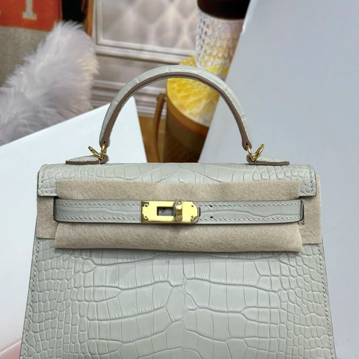 HERMES ケリー 19cm ワニ革 ホワイト ショルダーバッグ 高品質 19cm Kelly 19cm サイズ:19cm