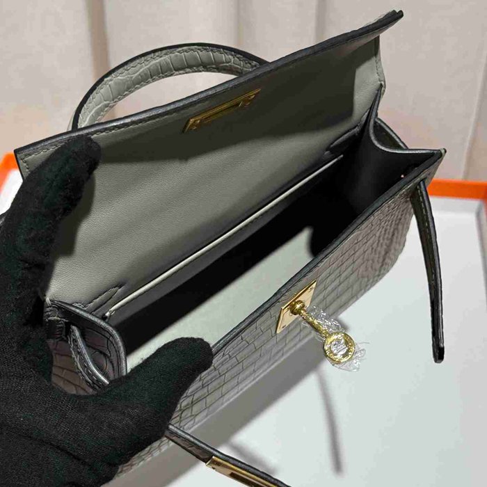 HERMES ケリー 19cm ワニ革 グレー ショルダーバッグ 高品質 19cm Kelly 19cm サイズ:19cm