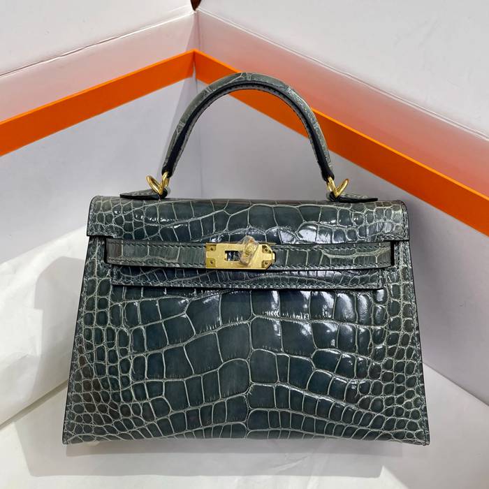 HERMES ケリー 19cm ワニ革 ブルー ショルダーバッグ 高品質 金具ゴールド 19cm Kelly 19cm サイズ:19cm
