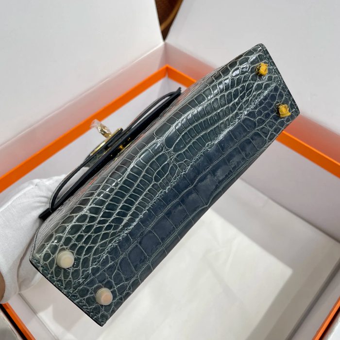 HERMES ケリー 19cm ワニ革 ブルー ショルダーバッグ 高品質 金具ゴールド 19cm Kelly 19cm サイズ:19cm