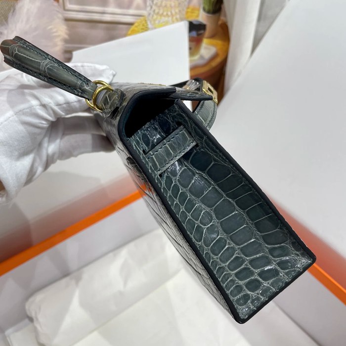 HERMES ケリー 19cm ワニ革 ブルー ショルダーバッグ 高品質 金具ゴールド 19cm Kelly 19cm サイズ:19cm