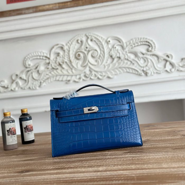 HERMES ケリー 22cm カーフレザー ワニ紋 ショルダーバッグ セミハンドメイド 金具シルバー 22cm Kelly 22cm サイズ:22cm