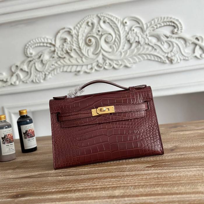 HERMES ケリー 22cm カーフレザー ワニ紋 ショルダーバッグ セミハンドメイド 金具ゴールド 22cm Kelly 22cm サイズ:22cm