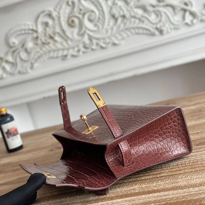 HERMES ケリー 22cm カーフレザー ワニ紋 ショルダーバッグ セミハンドメイド 金具ゴールド 22cm Kelly 22cm サイズ:22cm