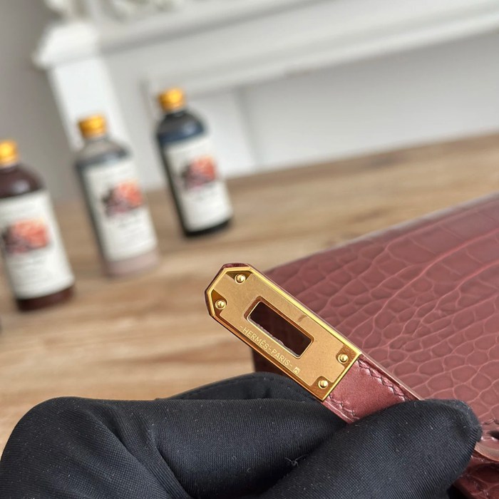 HERMES ケリー 22cm カーフレザー ワニ紋 ショルダーバッグ セミハンドメイド 金具ゴールド 22cm Kelly 22cm サイズ:22cm