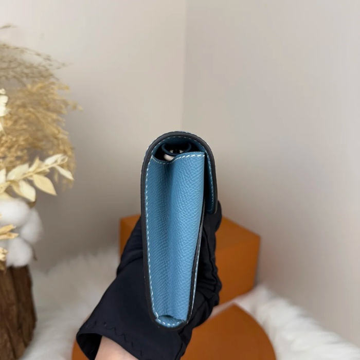 HERMES カーフスキン デニムブルー 斜め掛けバッグ セミハンドメイド 金具ゴールド/シルバー 10×2.5cm サイズ:24×10×2.5cm