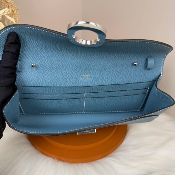 HERMES カーフスキン デニムブルー 斜め掛けバッグ セミハンドメイド 金具ゴールド/シルバー 10×2.5cm サイズ:24×10×2.5cm