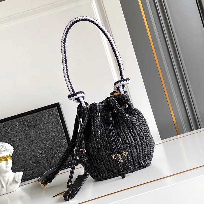 PRADA 1BE068 編み、レザー ゴールド 斜め掛けバッグ、ショルダーバッグ、ハンドバッグ、バケツバッグ 編み、クラシック 20x16x10cm サイズ:20x16x10cm