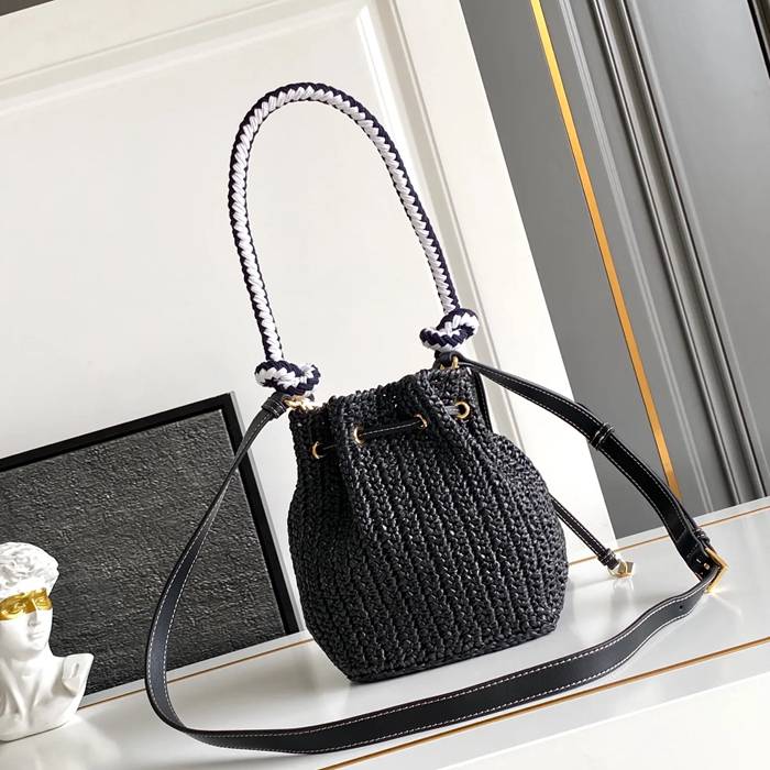 PRADA 1BE068 編み、レザー ゴールド 斜め掛けバッグ、ショルダーバッグ、ハンドバッグ、バケツバッグ 編み、クラシック 20x16x10cm サイズ:20x16x10cm