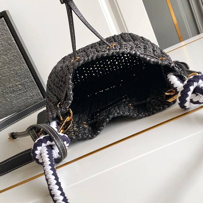PRADA 1BE068 編み、レザー ゴールド 斜め掛けバッグ、ショルダーバッグ、ハンドバッグ、バケツバッグ 編み、クラシック 20x16x10cm サイズ:20x16x10cm