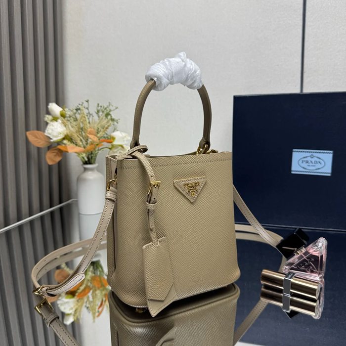PRADA 1BA217 レザー ゴールド、プリント 斜め掛けバッグ、ショルダーバッグ、バケツバッグ クラシック、ミニ 18x17x10cm サイズ:18x17x10cm