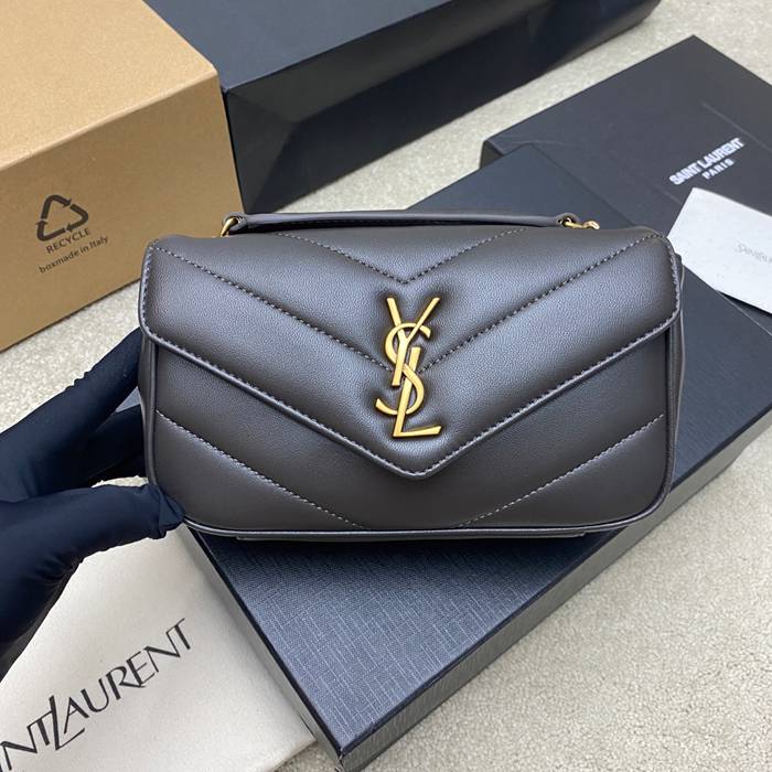 SAINT LAURENT 821749 ラムレザー グレー、ゴールド ハンドバッグ チェーン、ミニ 20x12cm サイズ:20x12cm