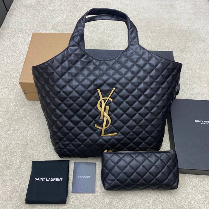 SAINT LAURENT 698651 ラムレザー ブラック、ゴールド ハンドバッグ イカール 27x13cm サイズ:27x13cm