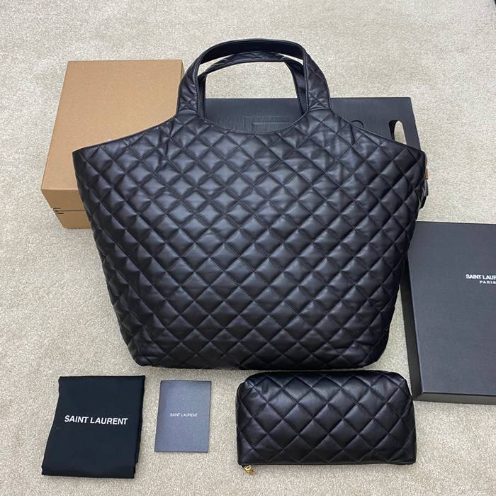 SAINT LAURENT 698651 ラムレザー ブラック、ゴールド ハンドバッグ イカール 27x13cm サイズ:27x13cm