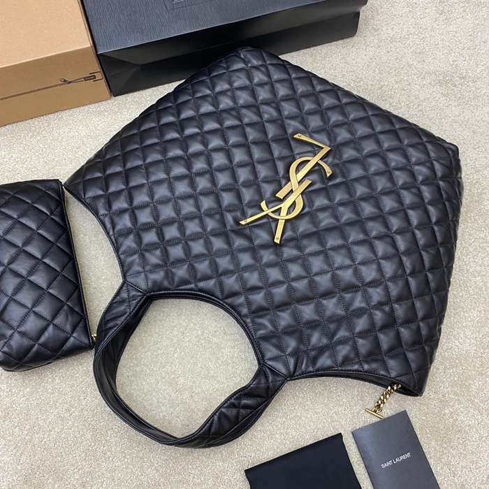 SAINT LAURENT 698651 ラムレザー ブラック、ゴールド ハンドバッグ イカール 27x13cm サイズ:27x13cm