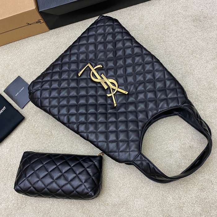 SAINT LAURENT 698651 ラムレザー ブラック、ゴールド ハンドバッグ イカール 27x13cm サイズ:27x13cm