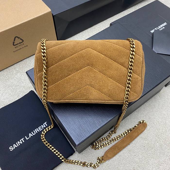 SAINT LAURENT 821749 ラムレザー、マット ブラウン、ゴールド、マット ハンドバッグ チェーン、ミニ 20x12cm サイズ:20x12cm