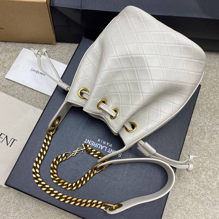 SAINT LAURENT 840886 ラムレザー、カーフレザー ホワイト、ゴールド バケツバッグ チェーン、ベッキー、ミニ 25x11cm サイズ:25x11cm