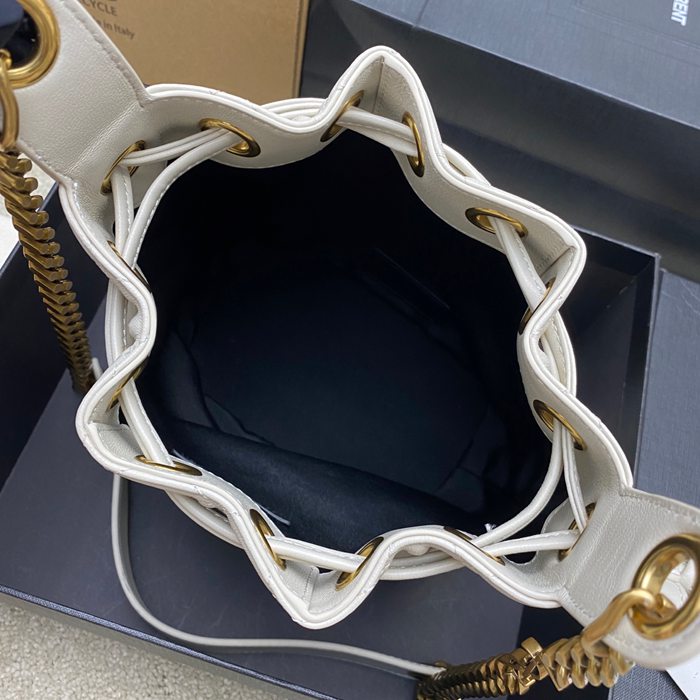 SAINT LAURENT 840886 ラムレザー、カーフレザー ホワイト、ゴールド バケツバッグ チェーン、ベッキー、ミニ 25x11cm サイズ:25x11cm