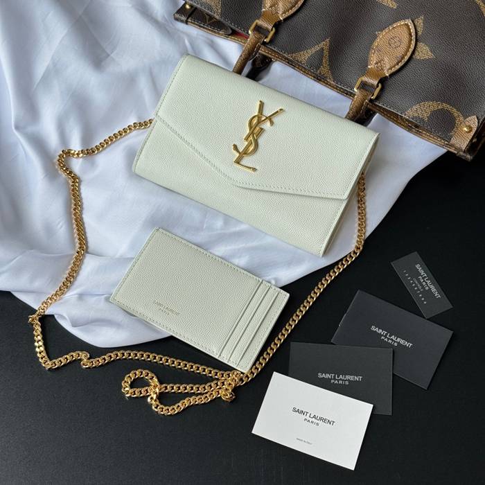 SAINT LAURENT 607788 カーフレザー ゴールド 封筒バッグ チェーン、封筒、ミニ、クラシック 19x12cm サイズ:19x12cm