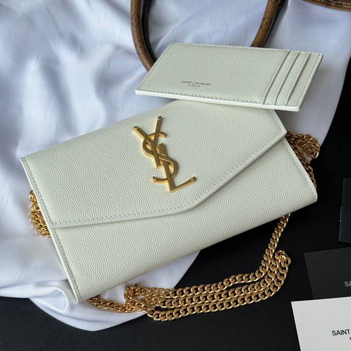 SAINT LAURENT 607788 カーフレザー ゴールド 封筒バッグ チェーン、封筒、ミニ、クラシック 19x12cm サイズ:19x12cm