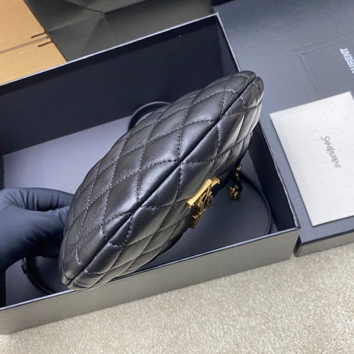 SAINT LAURENT 871329 ラムレザー ブラック、ゴールド、ギンガム ハンドバッグ ベッキー、ミニ 19x12cm サイズ:19x12cm