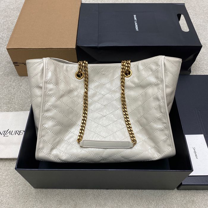 SAINT LAURENT 871151 カーフレザー ブラック、ホワイト、ゴールド ハンドバッグ チェーン、ニキ、大 33x27x14cm サイズ:33x27x14cm