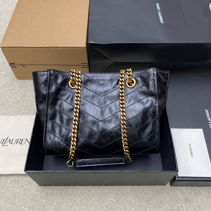 SAINT LAURENT 872680 カーフレザー ブラック、ゴールド ハンドバッグ チェーン、ニキ 25x22x10cm サイズ:25x22x10cm