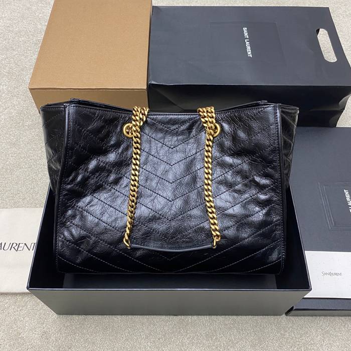 SAINT LAURENT 871151 カーフレザー ブラック、ゴールド ハンドバッグ チェーン、ニキ、大 33x27x14cm サイズ:33x27x14cm