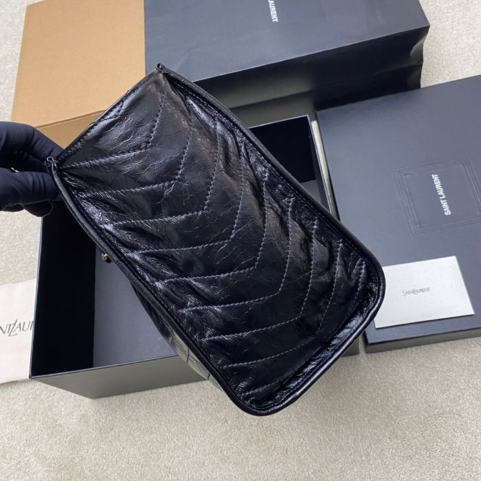SAINT LAURENT 871151 カーフレザー ブラック、ゴールド ハンドバッグ チェーン、ニキ、大 33x27x14cm サイズ:33x27x14cm