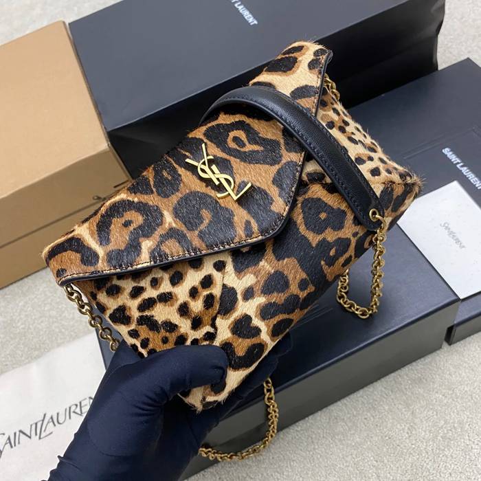 SAINT LAURENT 829271 ラムレザー、ホースヘア ゴールド、レオパード、ホースヘア 斜め掛けバッグ、ハンドバッグ、封筒バッグ 封筒 19x12cm サイズ:19x12cm